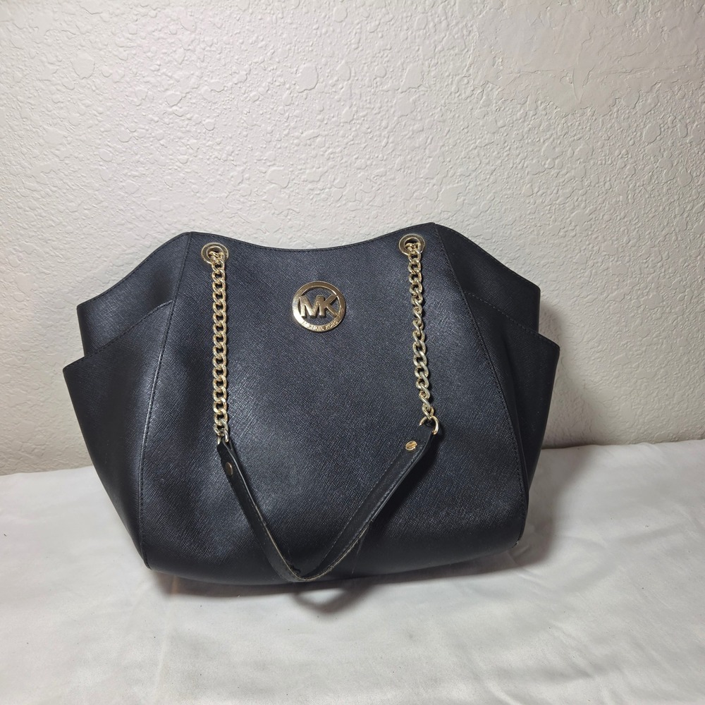 Michael Kors Jet Set East West Black Saffiano Leather Chain Tote Bag Gold Logo